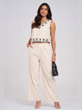Santorini Coast Embroidered Wide Leg Pant Linen Set